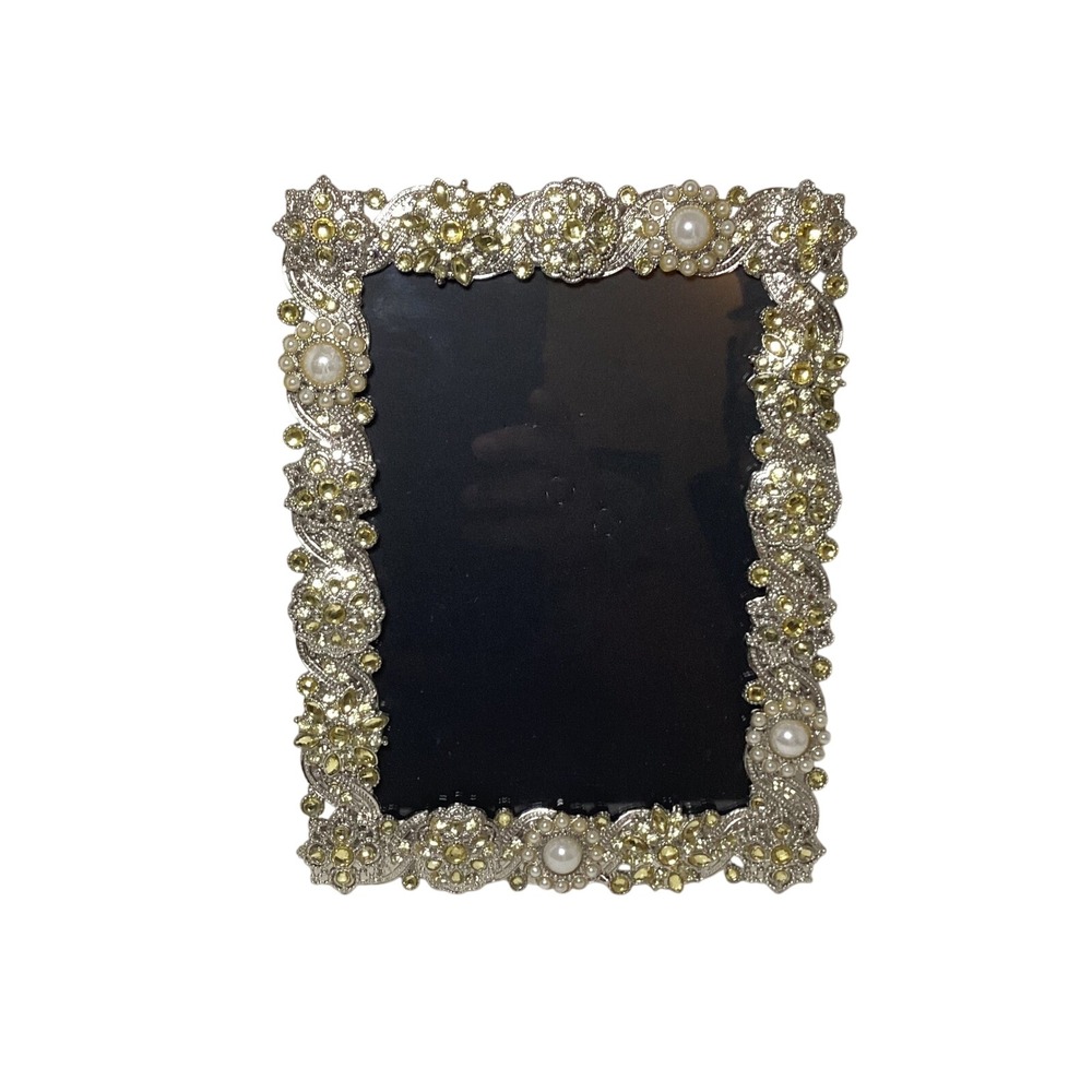 Jo-Ann Ornate 5x7 Picture Frame Silver Tone Yellow Jewels Faux Pearls